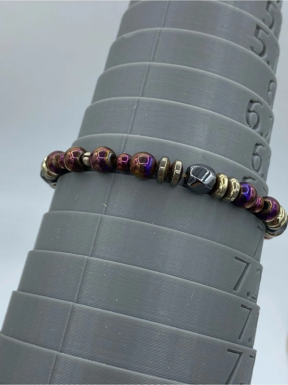 Hematite and Iridescent Purple Beaded Stretch Bracelet